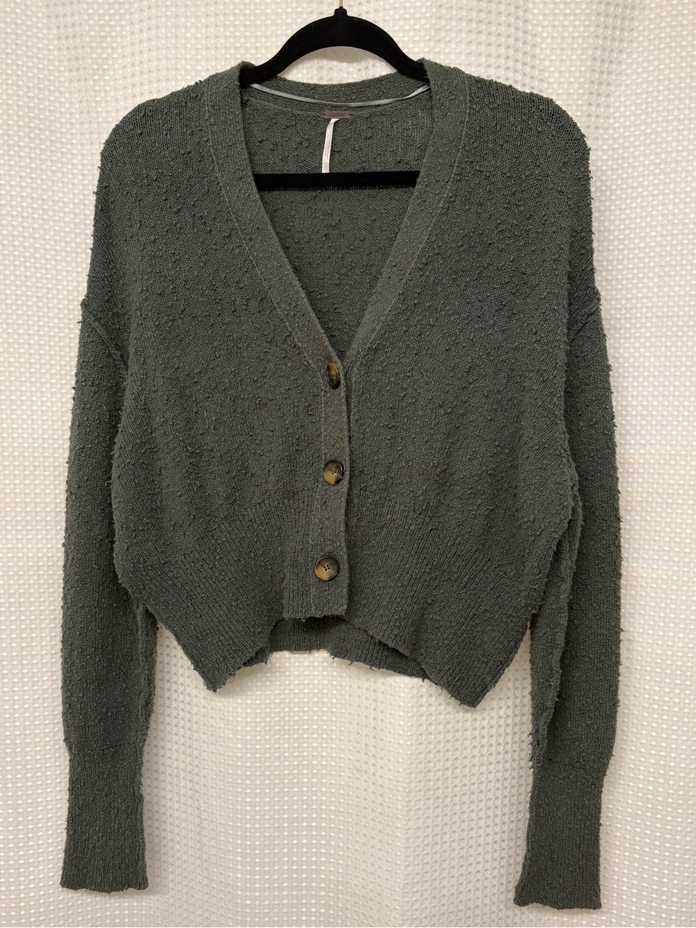 Free People Olive Green Cropped V-Neck Cardigan